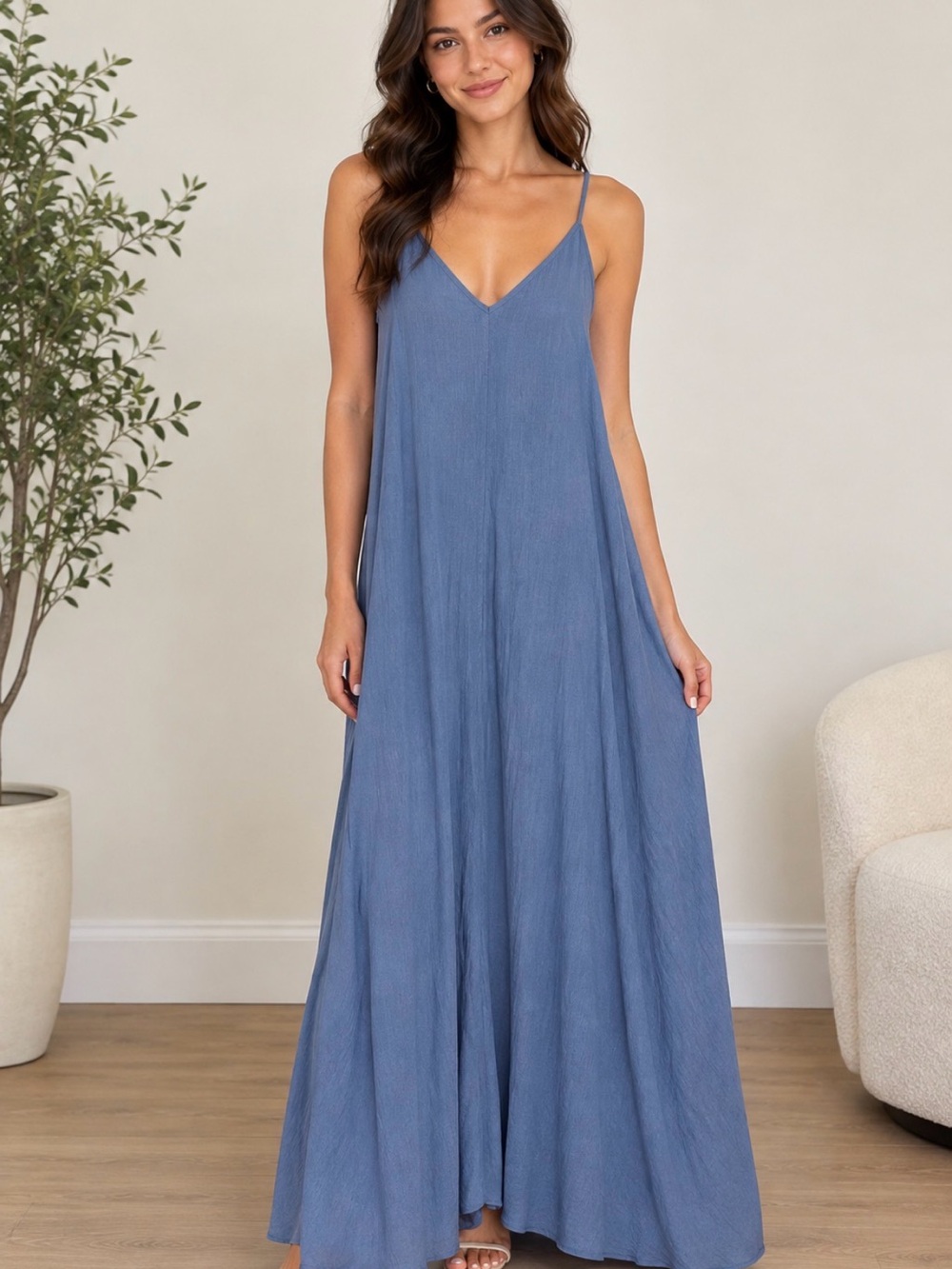 Treasure & Bond Dusty Blue Maxi Slip Dress with Spaghetti Straps